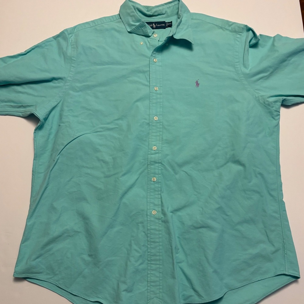 Ralph Lauren Button Down Shirt Mens XXL Turquoise Pique Cotton Long Sleeve Pony